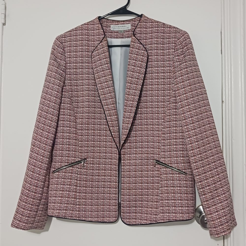 Ann Taylor Pink Tweed Open-Front Jacket with Black Trim